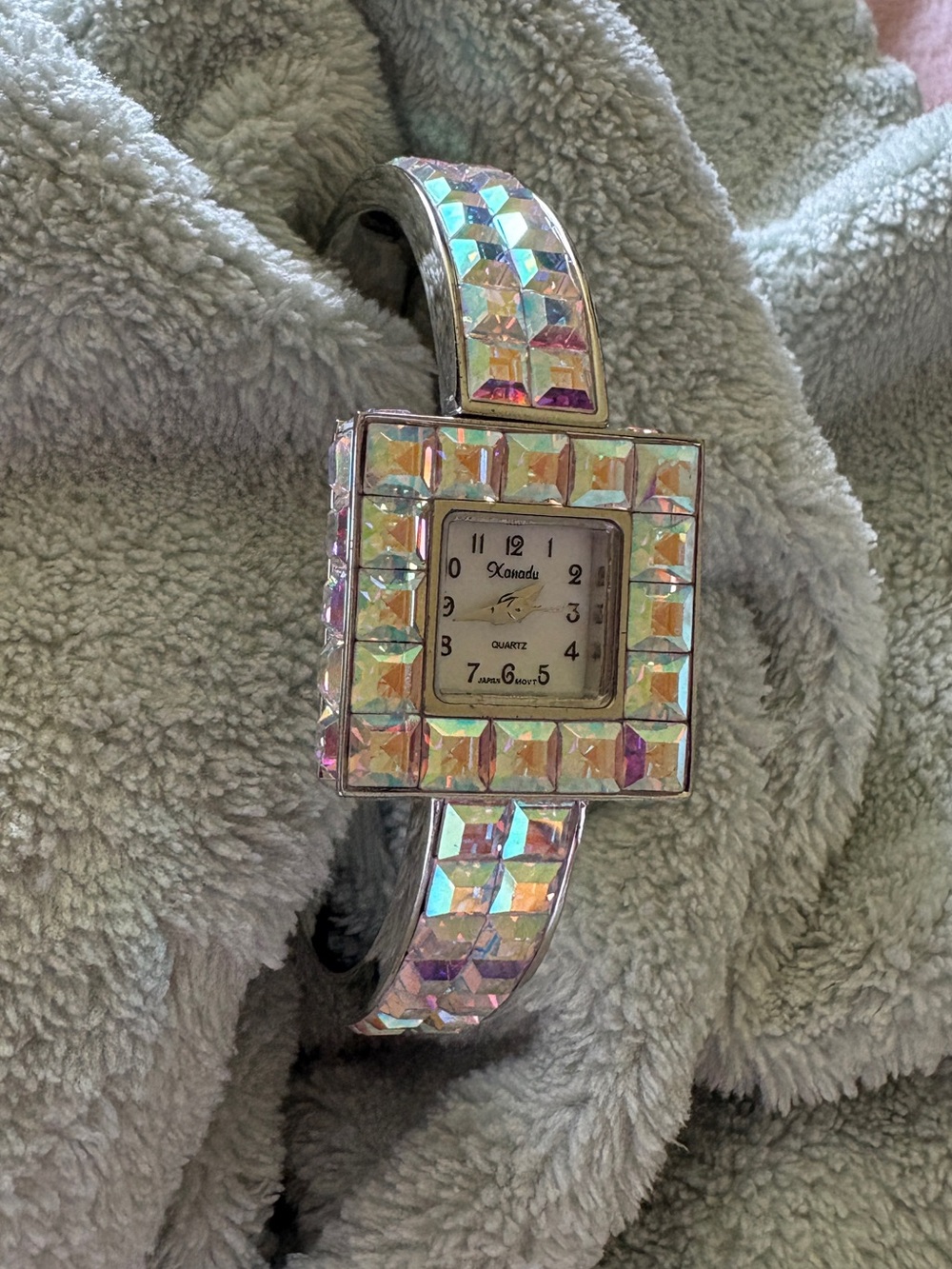 Xanadu Y2K Statement Bangle Watch, Iridescent Square Rhinestone Crystals.
NEW.